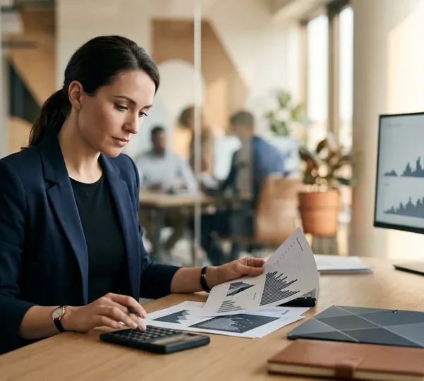 Professionnel étudiant des documents financiers avec calculatrice et graphiques de taux sur bureau moderne