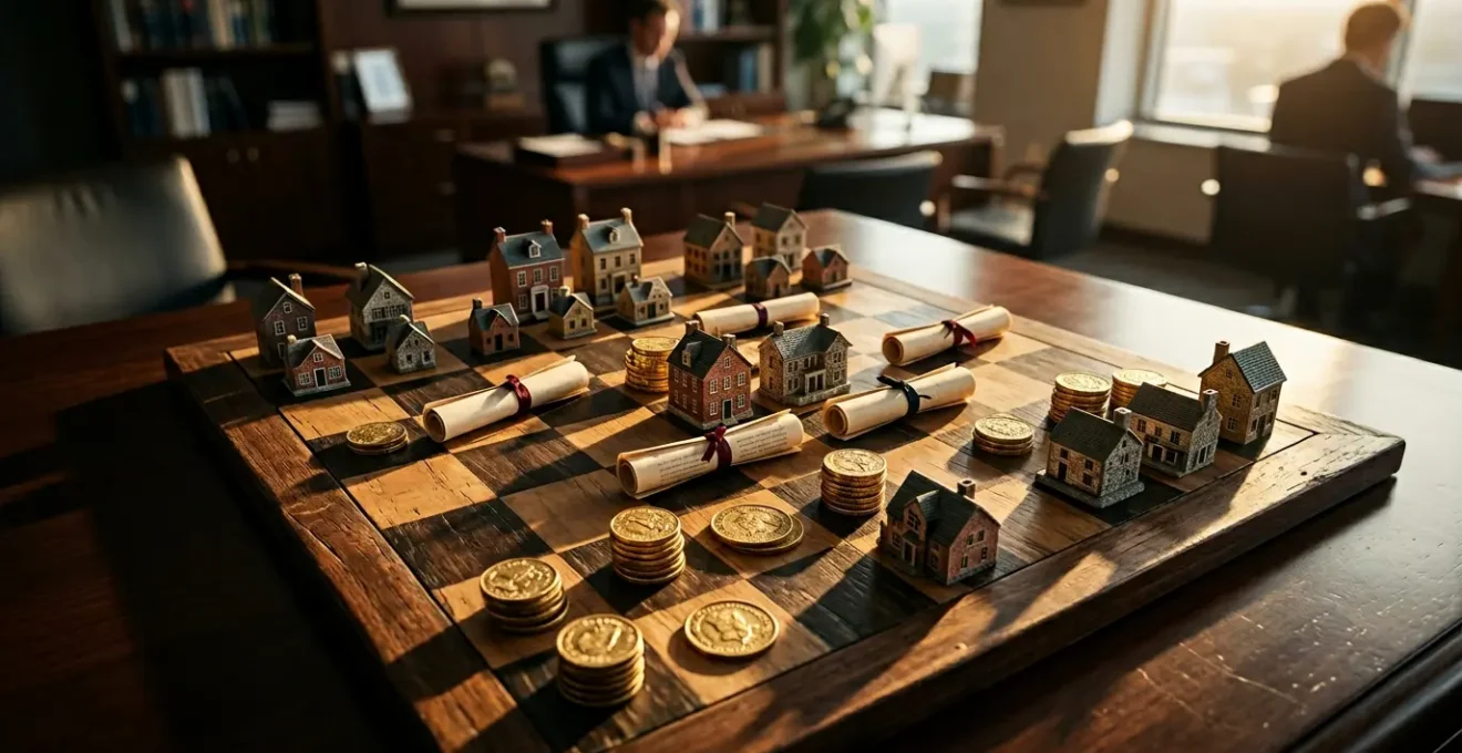 Vue aérienne d'un échiquier géant où les pièces sont des maisons miniatures et des documents financiers