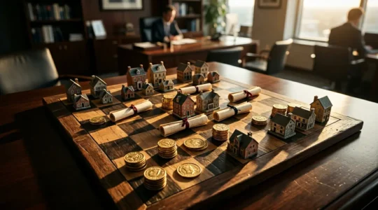 Vue aérienne d'un échiquier géant où les pièces sont des maisons miniatures et des documents financiers
