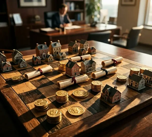 Vue aérienne d'un échiquier géant où les pièces sont des maisons miniatures et des documents financiers