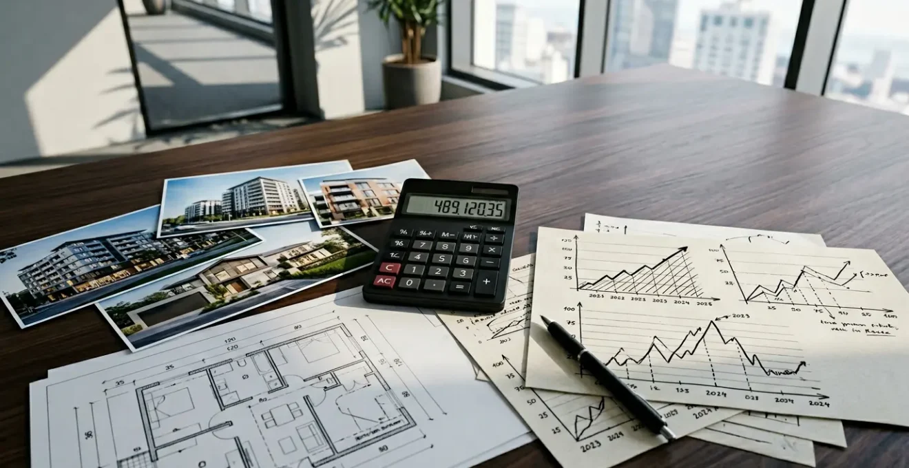 Vue d'ensemble d'un bureau avec calculatrice, documents immobiliers et graphiques fiscaux