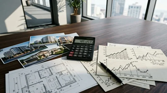 Vue d'ensemble d'un bureau avec calculatrice, documents immobiliers et graphiques fiscaux