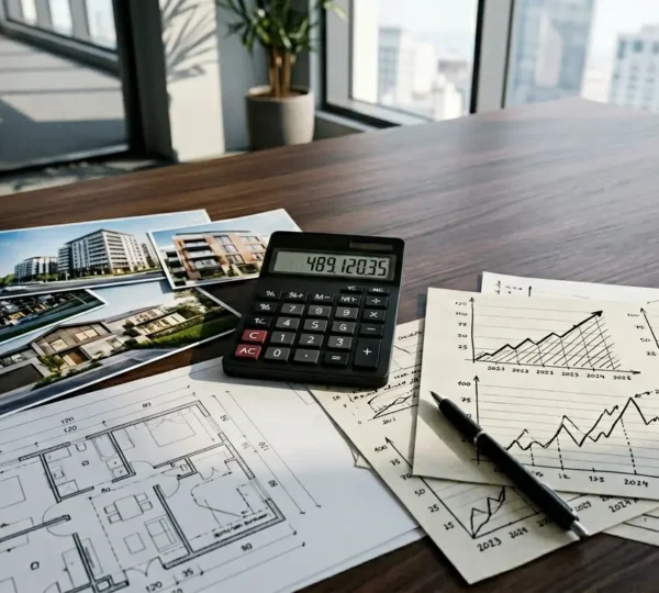 Vue d'ensemble d'un bureau avec calculatrice, documents immobiliers et graphiques fiscaux