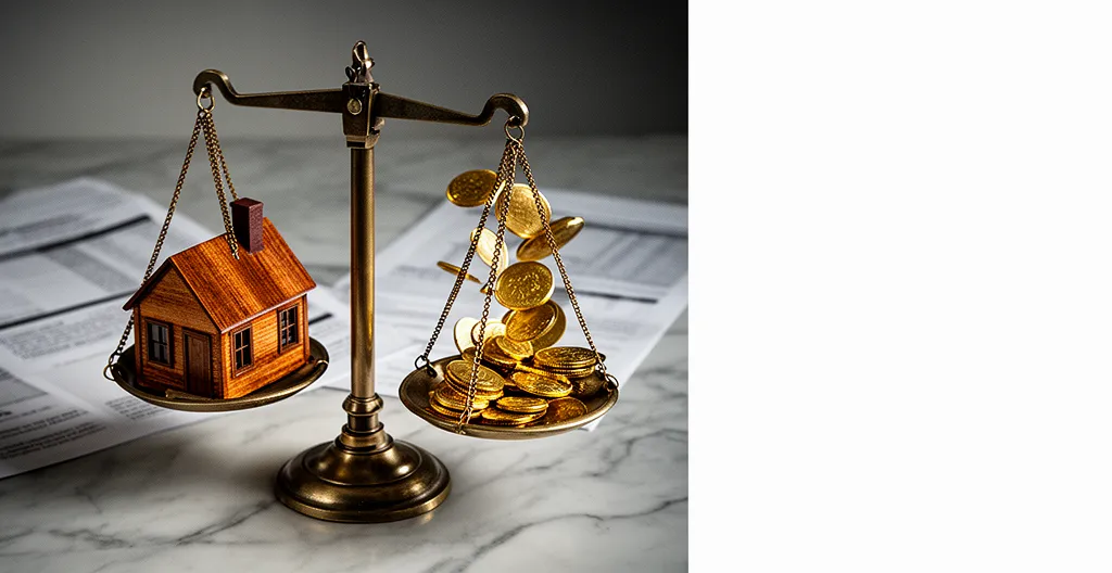 Vue conceptuelle d'une balance équilibrée entre immobilier et fiscalité