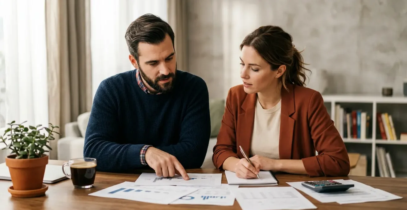 Couple consultant des documents financiers dans un bureau lumineux avec calculatrice et graphiques
