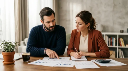 Couple consultant des documents financiers dans un bureau lumineux avec calculatrice et graphiques