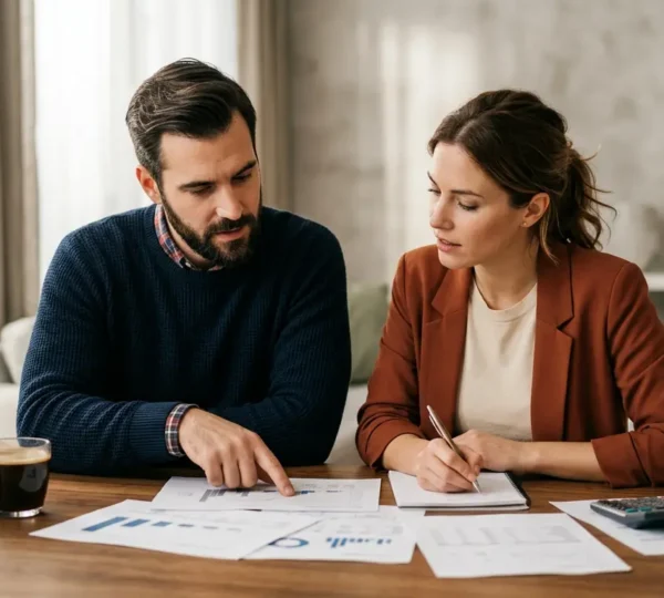 Couple consultant des documents financiers dans un bureau lumineux avec calculatrice et graphiques