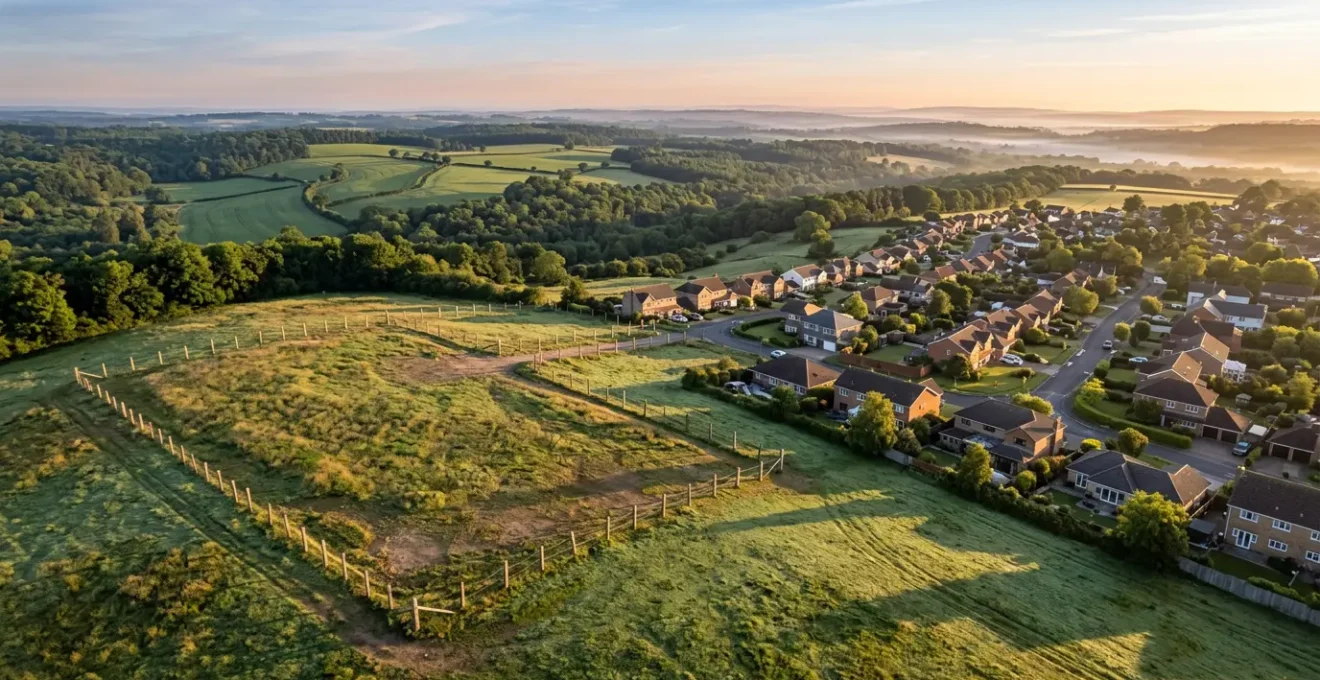 Vue aérienne d'un terrain en périphérie urbaine montrant la transition entre zone constructible et zone naturelle