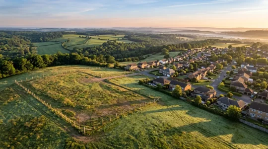 Vue aérienne d'un terrain en périphérie urbaine montrant la transition entre zone constructible et zone naturelle