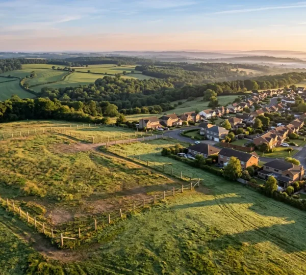 Vue aérienne d'un terrain en périphérie urbaine montrant la transition entre zone constructible et zone naturelle