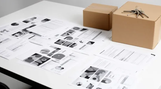 Vue d'ensemble d'un bureau moderne avec documents financiers et cartons de déménagement