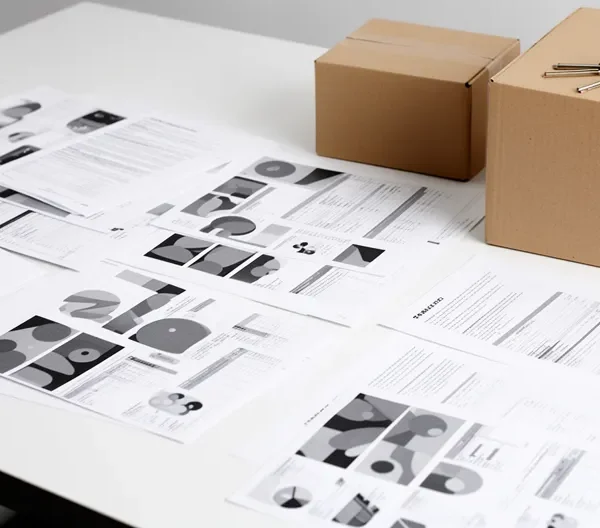 Vue d'ensemble d'un bureau moderne avec documents financiers et cartons de déménagement