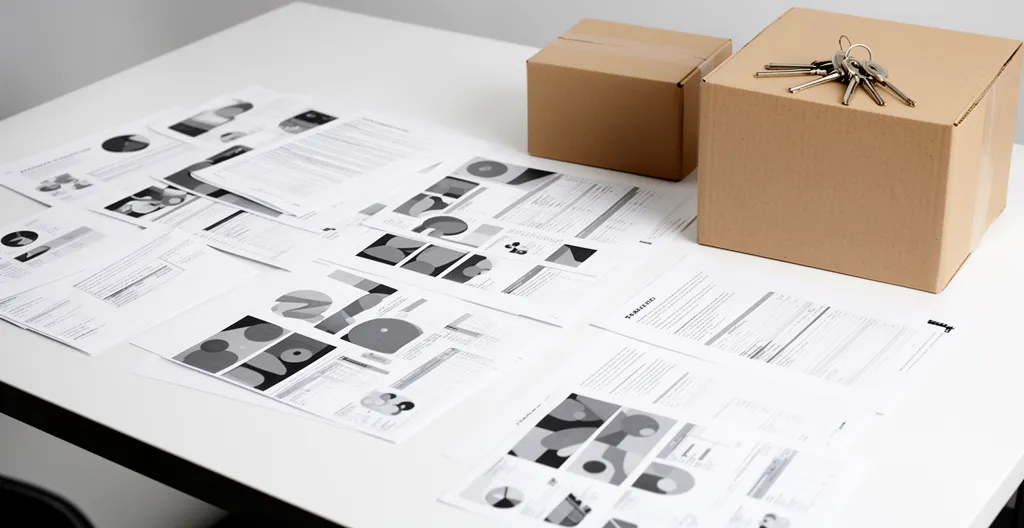 Vue d'ensemble d'un bureau moderne avec documents financiers et cartons de déménagement