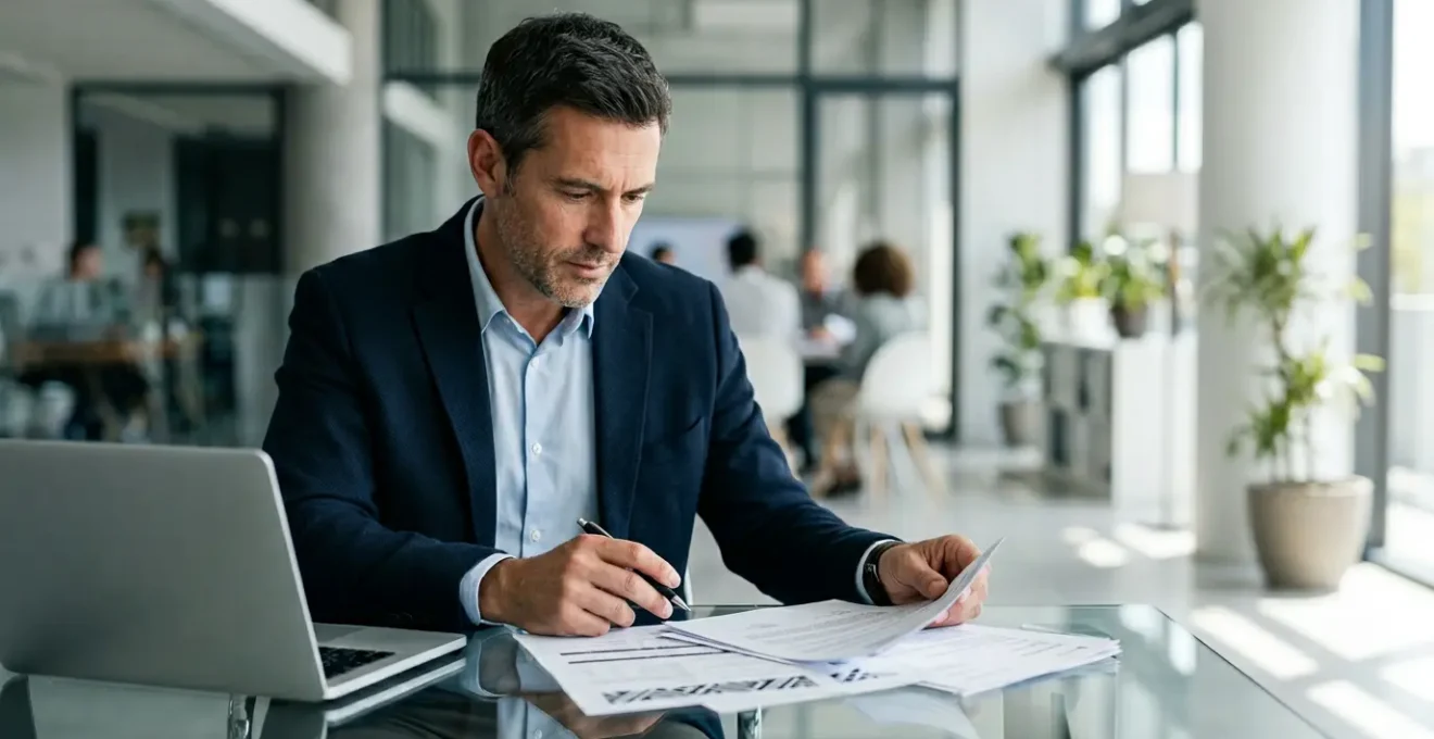 Personne consultant un registre professionnel sur un écran d'ordinateur dans un environnement de bureau moderne