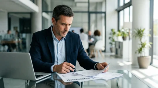 Personne consultant un registre professionnel sur un écran d'ordinateur dans un environnement de bureau moderne