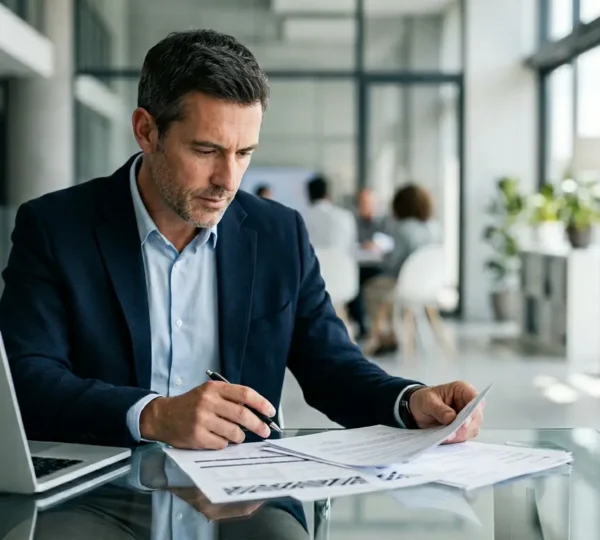 Personne consultant un registre professionnel sur un écran d'ordinateur dans un environnement de bureau moderne