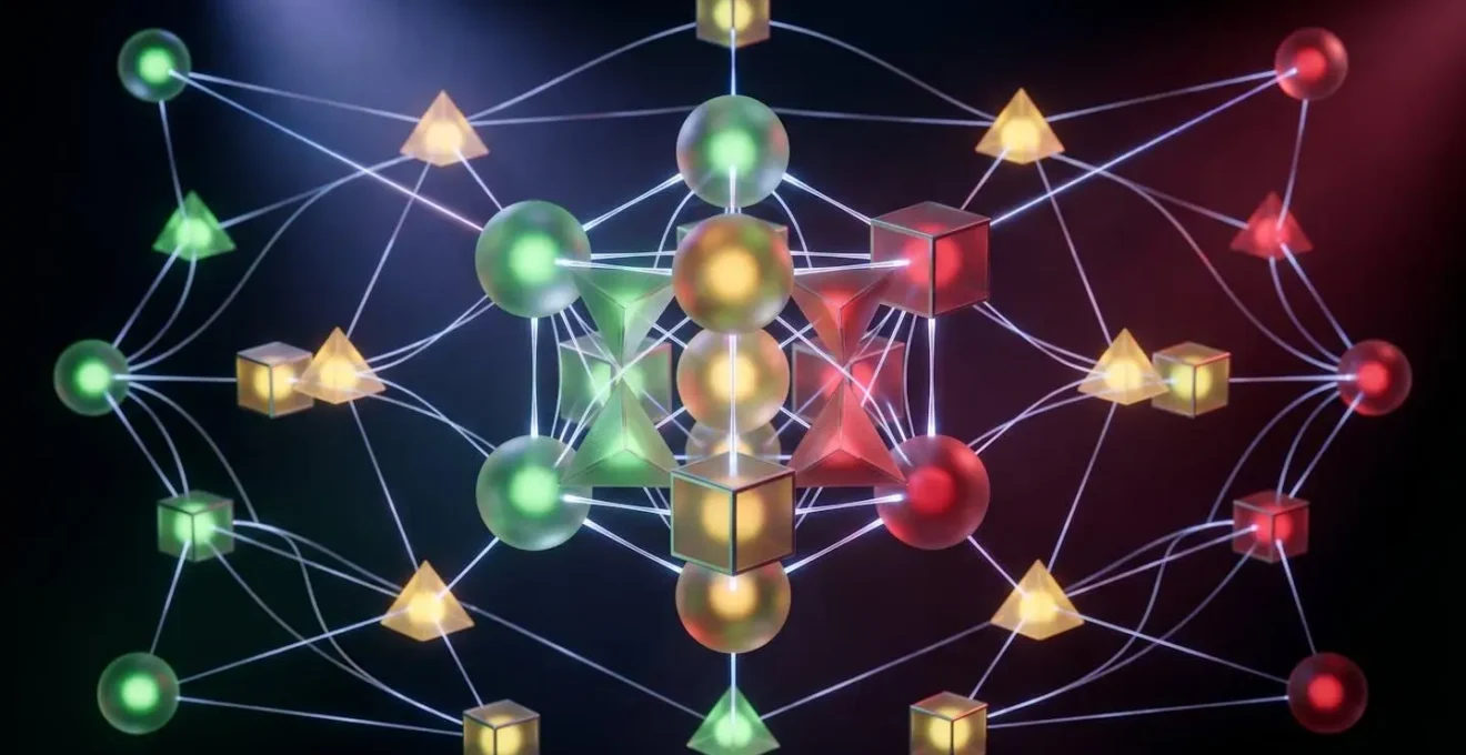 Représentation abstraite d'un algorithme de scoring avec des formes géométriques et des lignes de connexion, symbolisant l'évaluation automatisée des dossiers