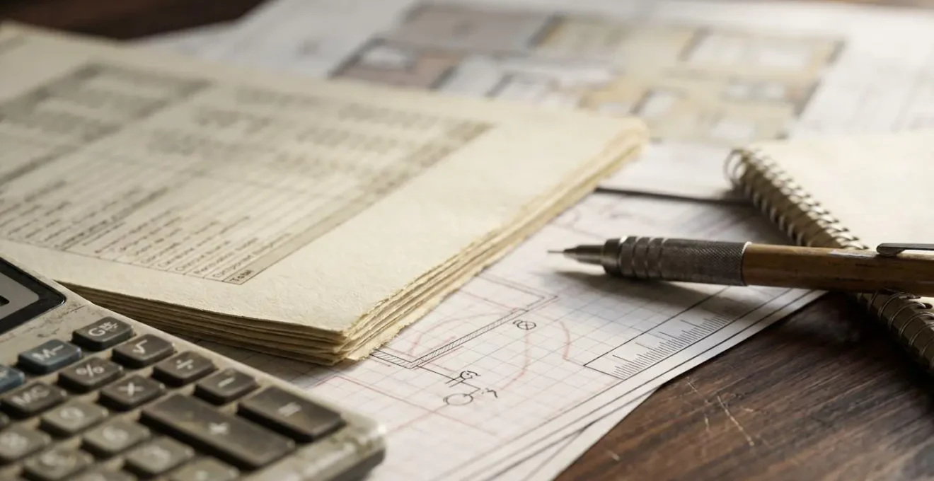 Gros plan sur des documents de devis de rénovation avec calculatrice et plans architecturaux