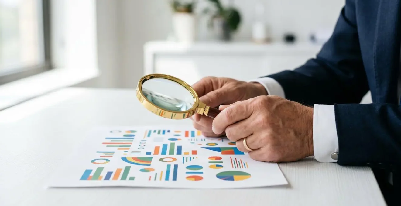 Mains examinant des documents financiers abstraits avec loupe sur bureau épuré