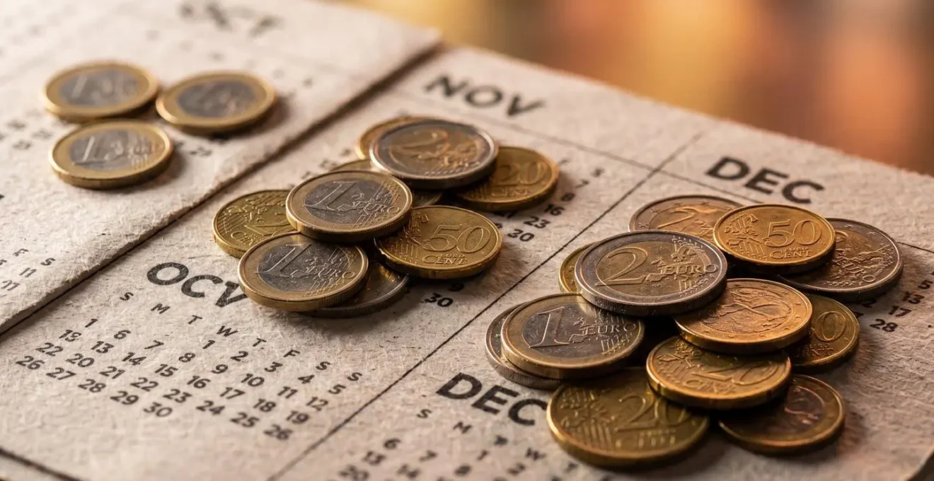 Vue macro de pages de calendrier avec pièces de monnaie disposées en progression