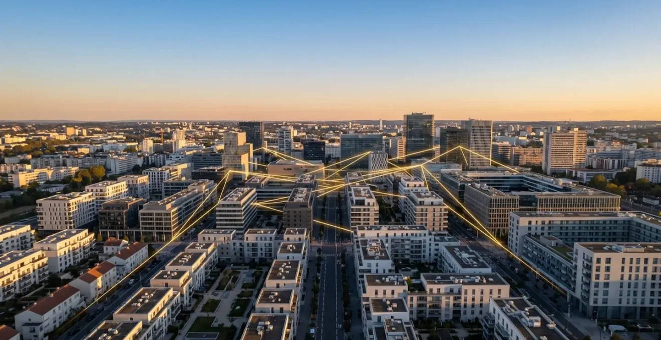 Vue aérienne minimaliste d'une ville avec plusieurs biens immobiliers reliés par des lignes géométriques dorées