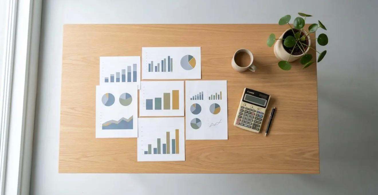 Bureau avec documents financiers et graphiques comparatifs flous
