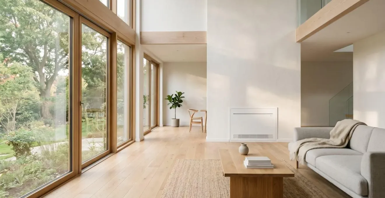 Intérieur moderne avec pompe à chaleur discrète dans un environnement minimaliste