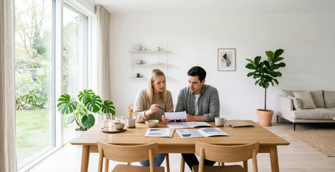 Couple examinant des documents financiers autour d'une table dans un salon lumineux