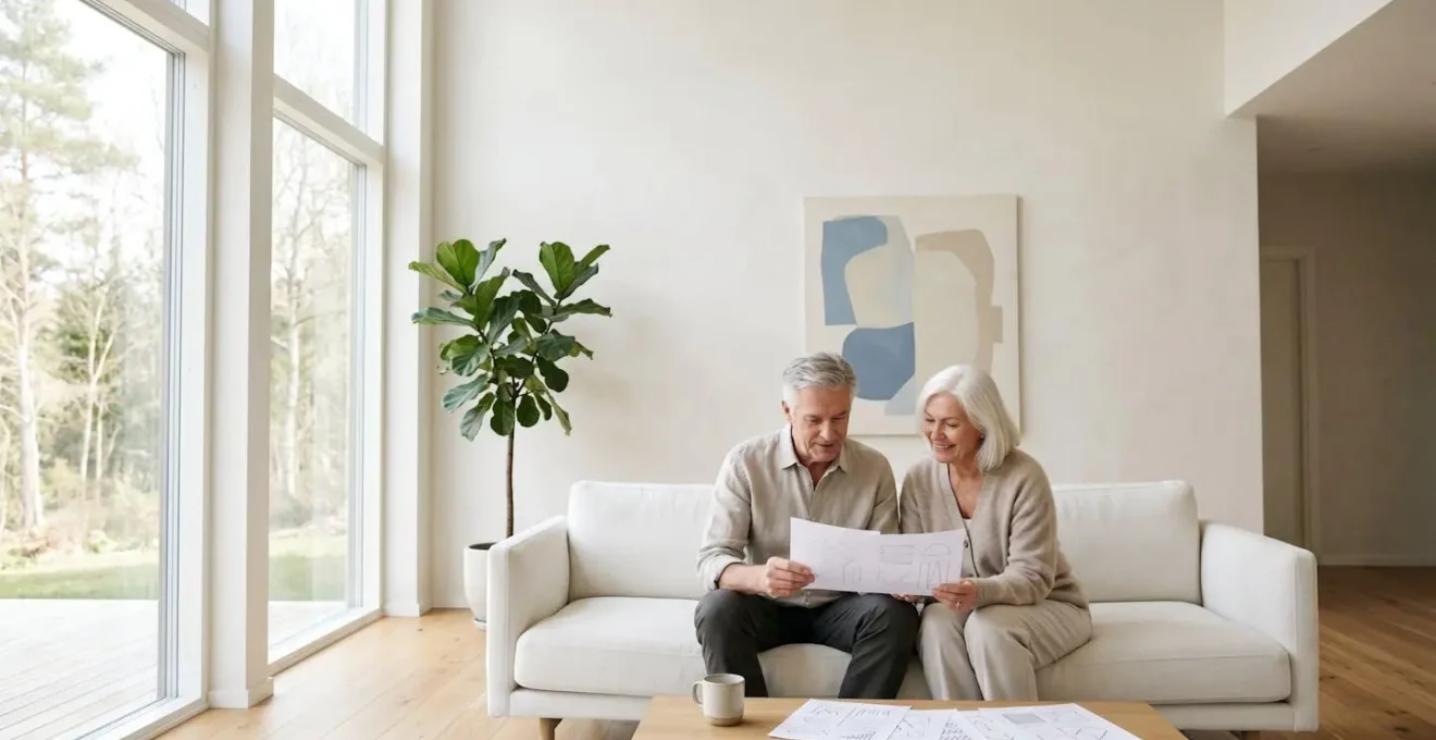 Couple de seniors paisibles consultant leurs documents financiers dans un environnement calme