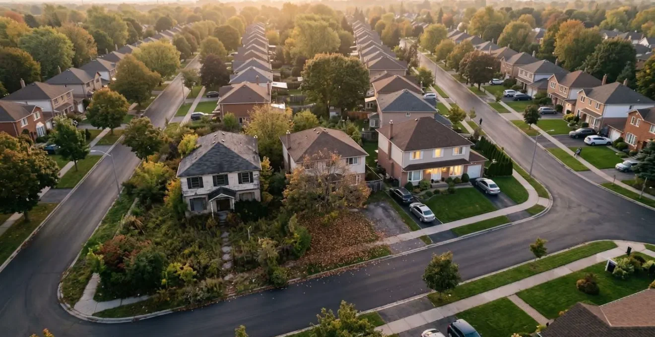 Vue aérienne d'un quartier résidentiel avec certaines maisons montrant des signes de vacance