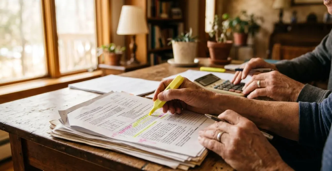 Bureau avec documents de copropriété et calculatrice montrant des calculs de charges