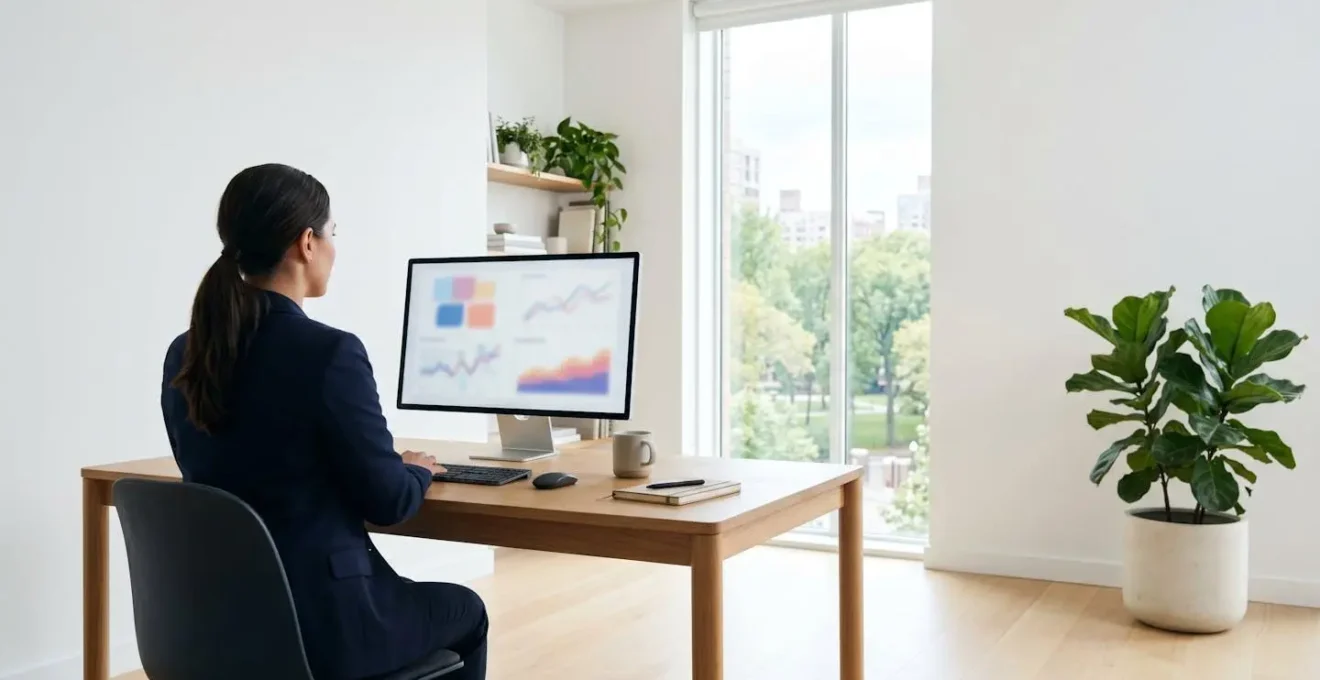Vue arrière d'un professionnel consultant des graphiques de performance sur écran d'ordinateur dans un bureau moderne