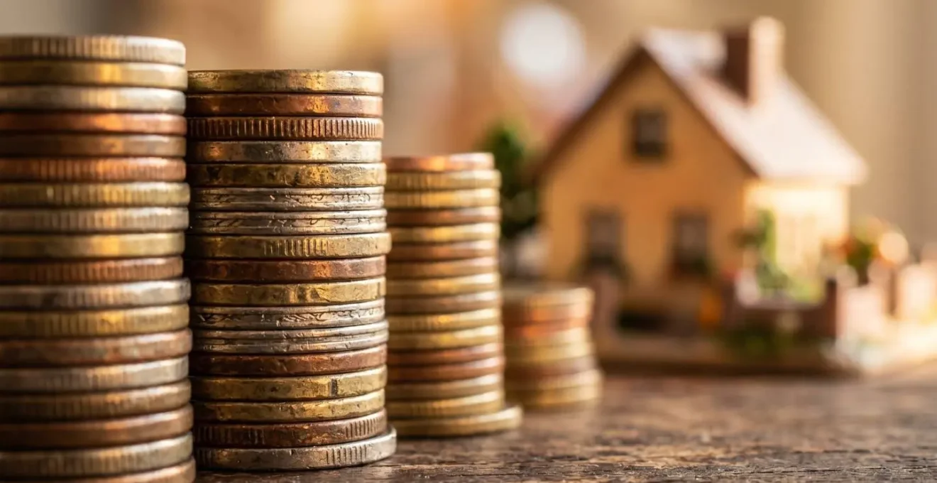 Vue macro de pièces empilées avec arrière-plan flou d'une maison miniature