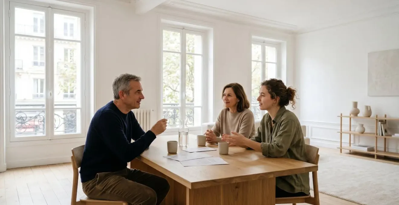 Parents et enfant majeur en discussion autour d'une table avec documents fiscaux