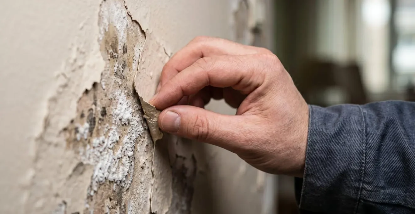 Gros plan macro sur une main inspectant une surface murale avec des traces d'humidité visibles