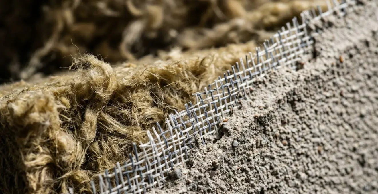 Vue macro d'un mur avec isolation thermique par l'extérieur montrant les différentes couches de matériaux