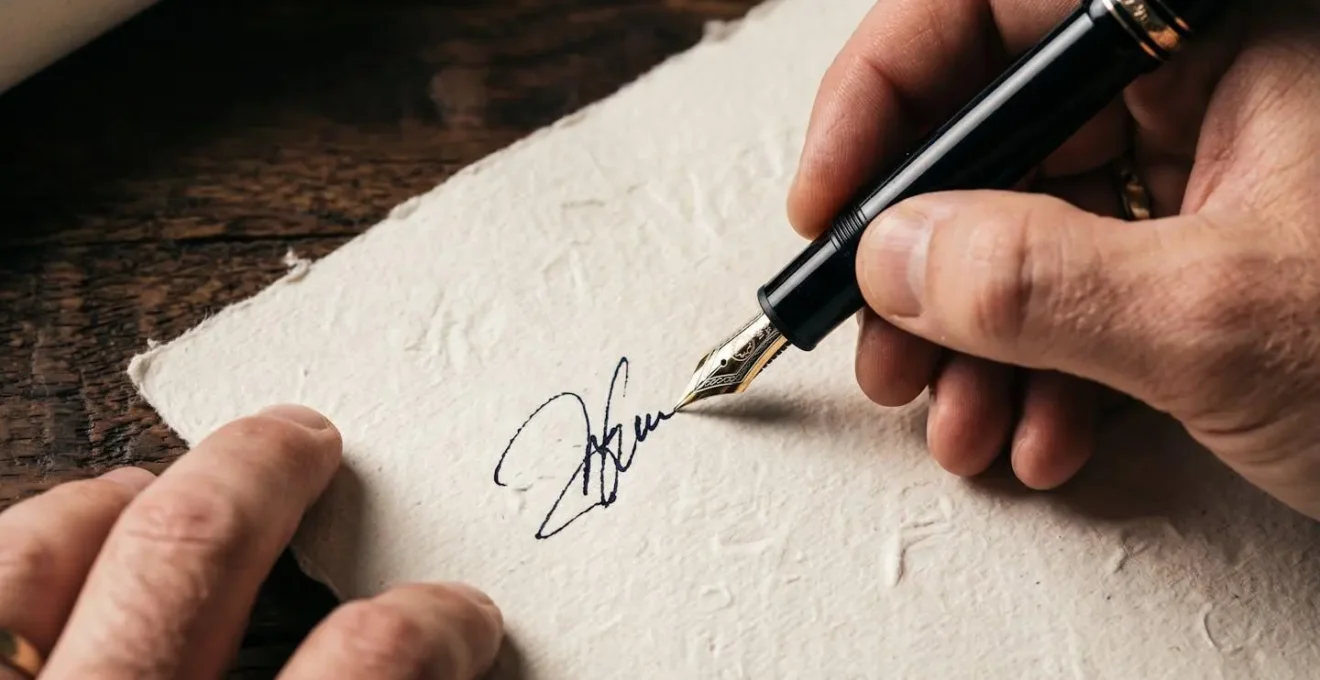 Gros plan sur des mains signant un document officiel chez le notaire