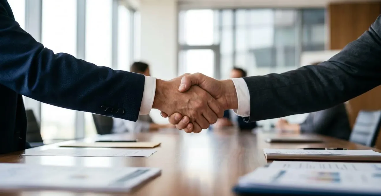 Poignée de main professionnelle au-dessus d'une table avec documents flous en arrière-plan