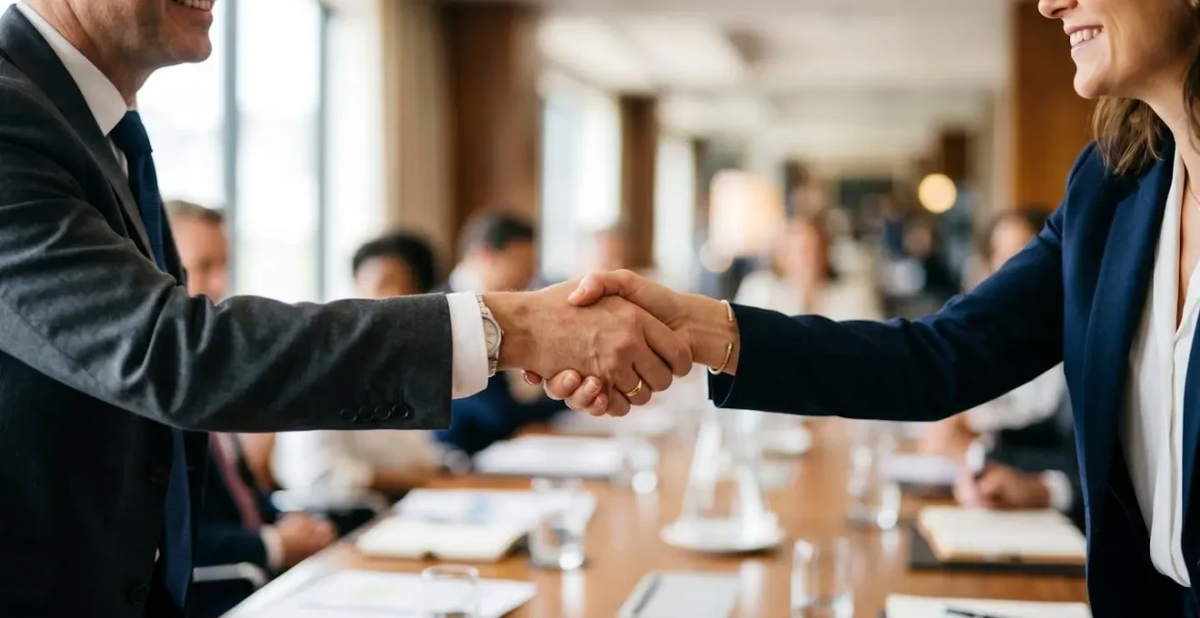 Poignée de main professionnelle au-dessus d'une table avec documents flous