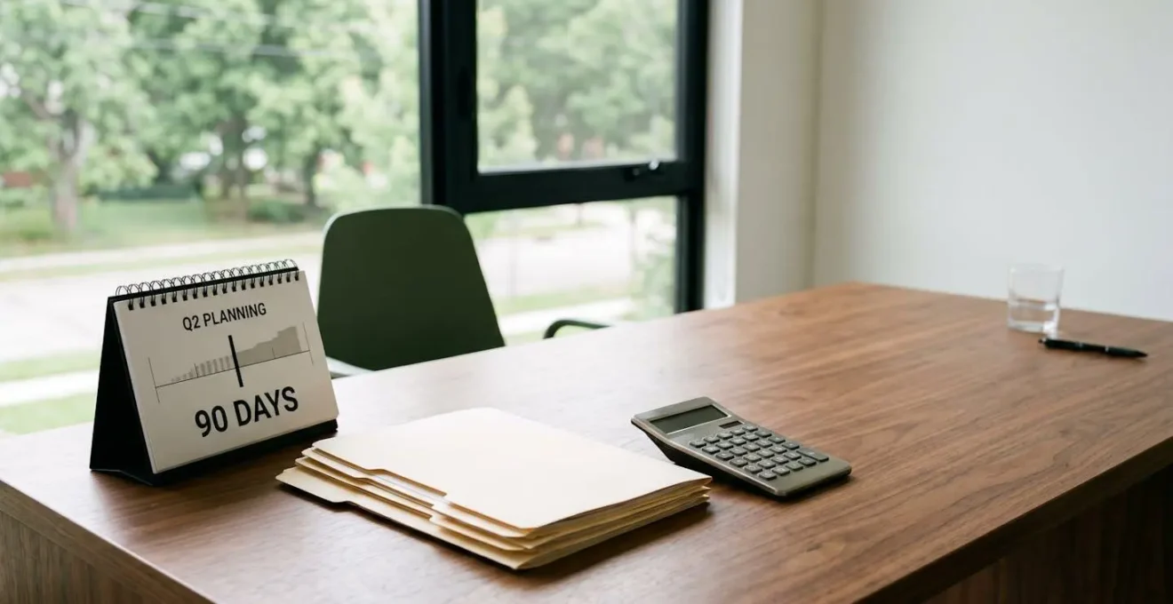 Bureau moderne avec calendrier et documents financiers préparés pour une négociation bancaire sur un prêt relais