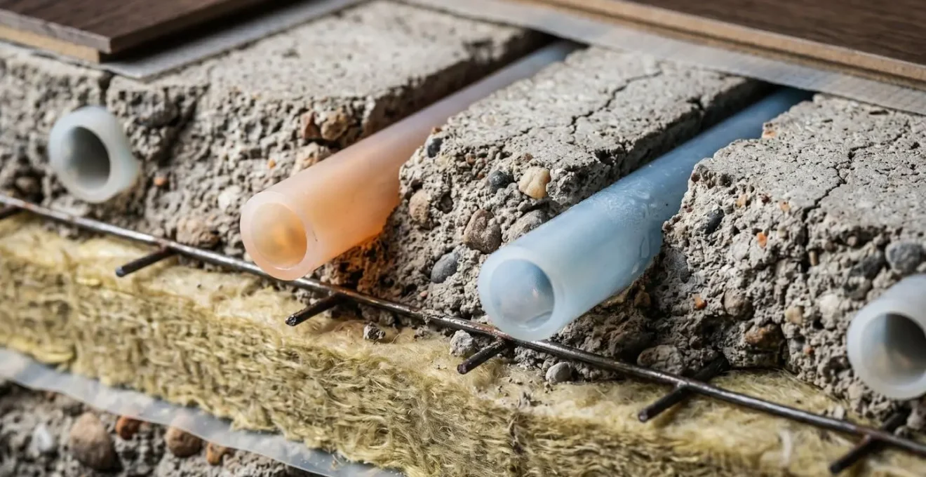 Vue macro du système de plancher chauffant rafraîchissant avec tubes intégrés dans la chape