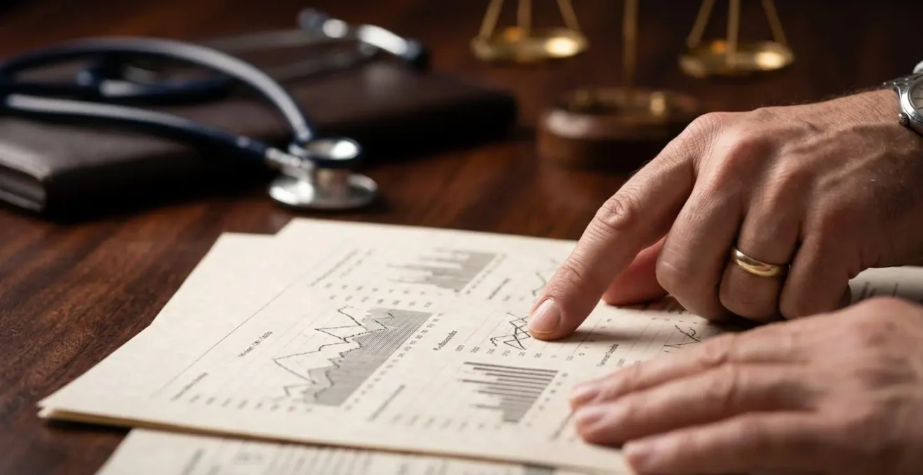 Gros plan sur les mains d'un conseiller bancaire examinant des documents professionnels avec stéthoscope et balance de justice en arrière-plan