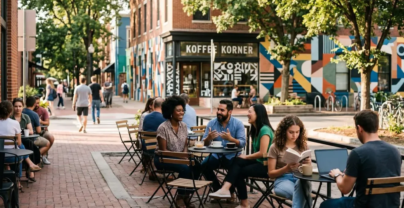 Vue d'une rue commerçante avec des enseignes modernes de cafés et boutiques artisanales