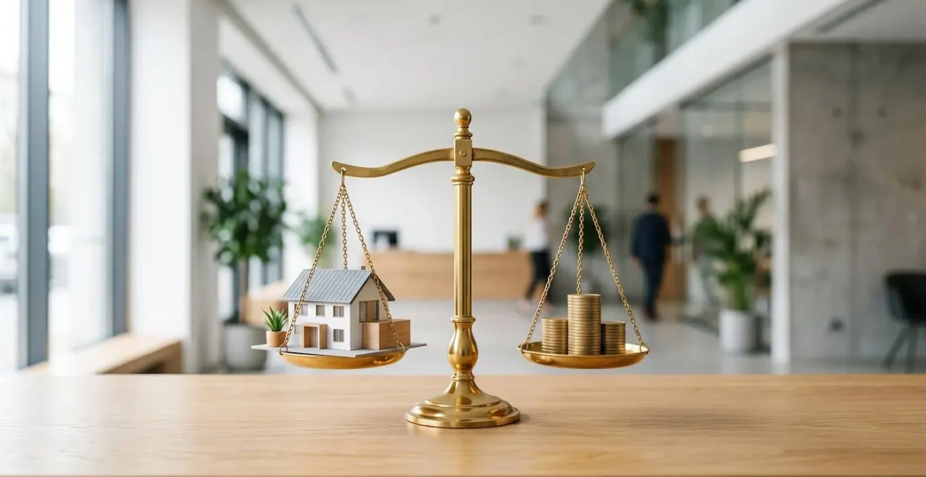 Balance dorée équilibrant une maison miniature d'un côté et des pièces représentant 70% de sa valeur de l'autre