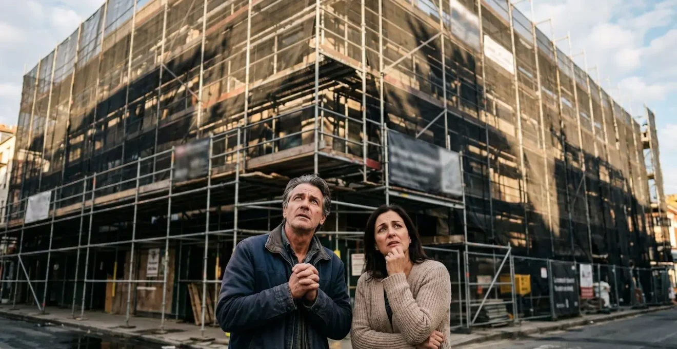 Façade d'immeuble en cours de ravalement avec échafaudages et filets de protection