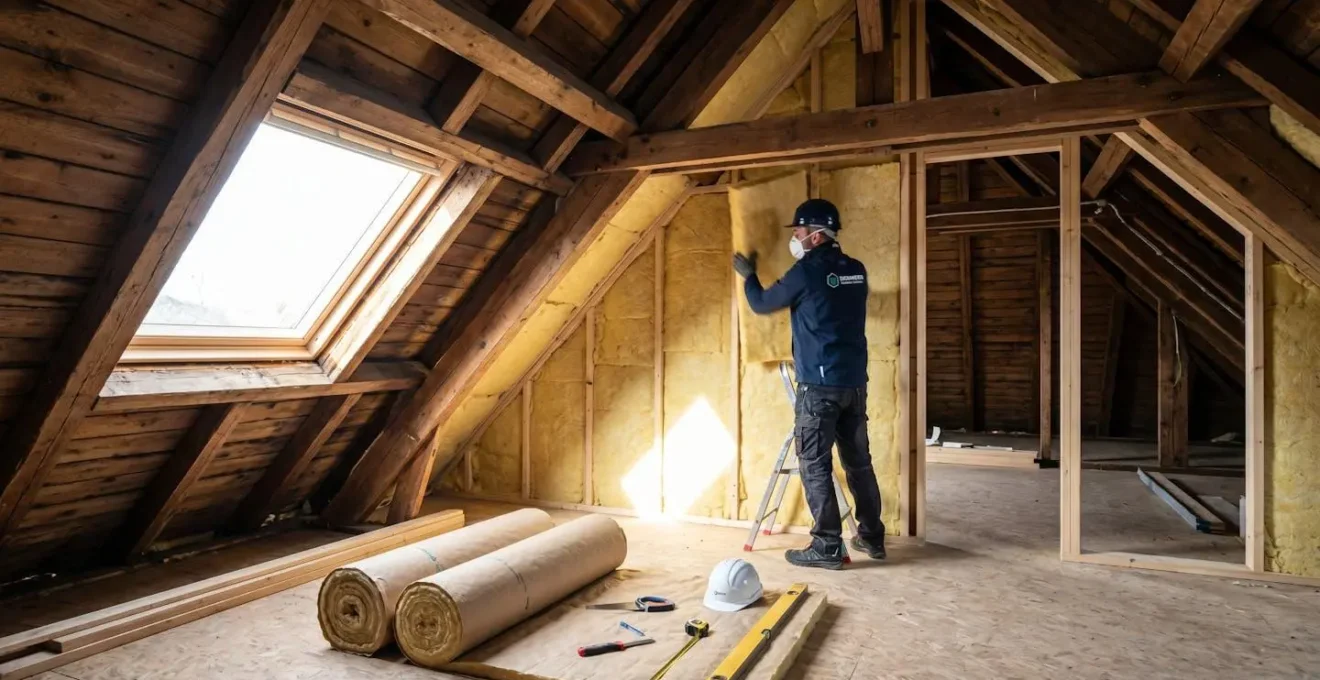 Artisan installant une isolation thermique dans les combles d'une maison ancienne