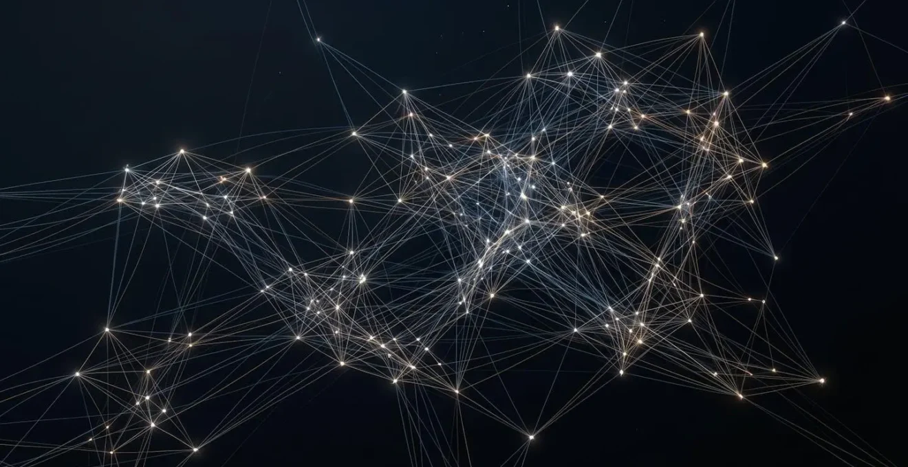 Vue aérienne abstraite d'un réseau de connexions entre différents points lumineux