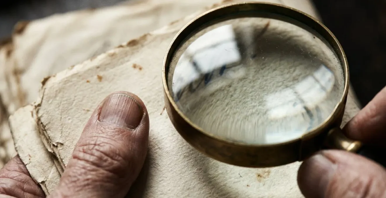 Gros plan sur des mains manipulant des documents avec une loupe symbolisant le contrôle