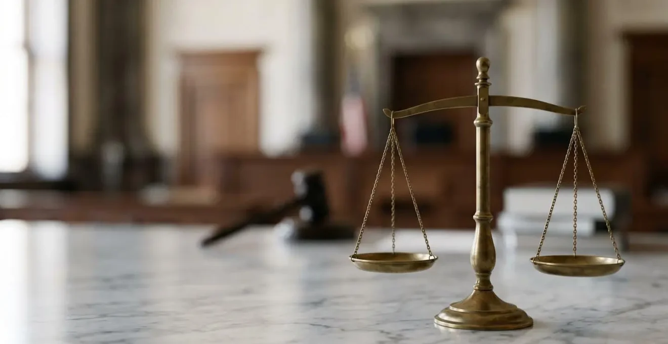 Balance de justice avec documents fiscaux floutés en arrière-plan