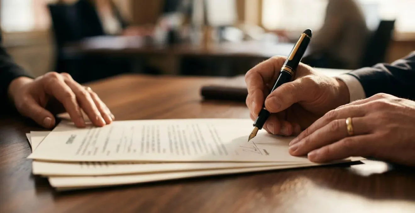 Mains signant un contrat immobilier avec stylo haut de gamme sur bureau en bois